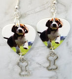 Beagle Puppy Guitar Pick Earrings with Bone Charm Dangles