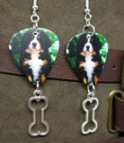 Bernese Mountain Dog Puppy Guitar Pick Earrings with Bone Charm Dangles