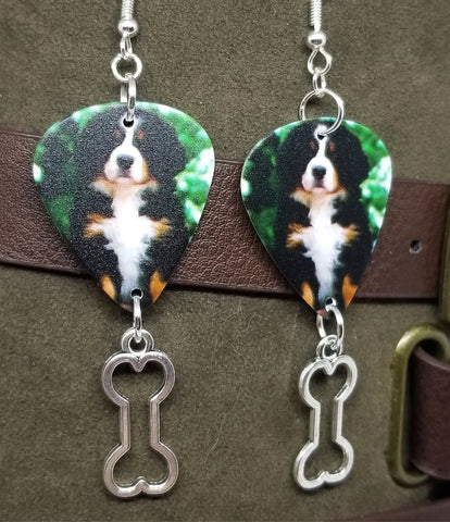 Bernese Mountain Dog Puppy Guitar Pick Earrings with Bone Charm Dangles