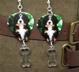 Bernese Mountain Dog Puppy Guitar Pick Earrings with Bone Charm Dangles