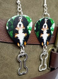 Bernese Mountain Dog Puppy Guitar Pick Earrings with Bone Charm Dangles