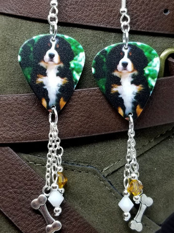Bernese Mountain Dog Puppy Guitar Pick Earrings with Dog Bone Charm and Swarovski Crystal Dangles