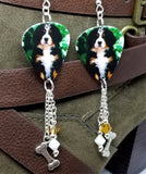 Bernese Mountain Dog Puppy Guitar Pick Earrings with Dog Bone Charm and Swarovski Crystal Dangles