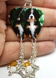 Bernese Mountain Dog Puppy Guitar Pick Earrings with Dog Bone Charm and Swarovski Crystal Dangles