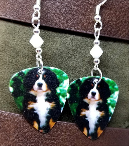Bernese Mountain Dog Puppy Guitar Pick Earrings with White Swarovski Crystals