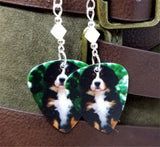 Bernese Mountain Dog Puppy Guitar Pick Earrings with White Swarovski Crystals