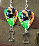 Boxer Dog Guitar Pick Earrings with Bone Charm Dangle