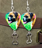Boxer Dog Guitar Pick Earrings with Bone Charm Dangle