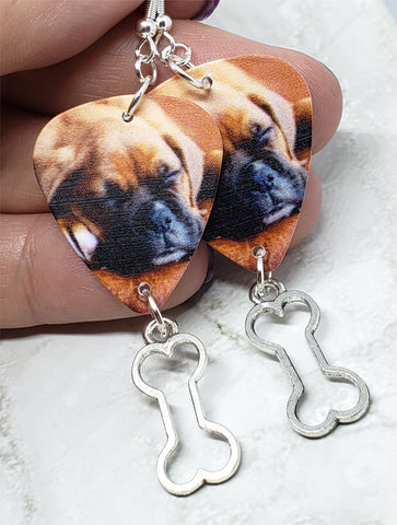 CLEARANCE Adorable Sleeping Boxer Puppy Guitar Pick Earrings with Bone Charm Dangles