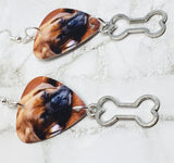 CLEARANCE Adorable Sleeping Boxer Puppy Guitar Pick Earrings with Bone Charm Dangles