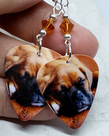 Adorable Sleeping Boxer Puppy Guitar Pick Earrings with Topaz Swarovski Crystals