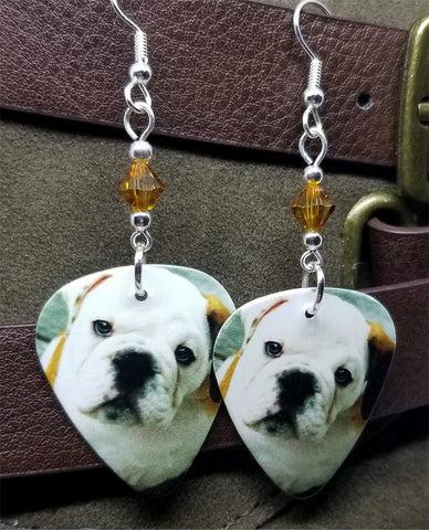 Bulldog Puppy Guitar Pick Earrings with Topaz Swarovski Crystals