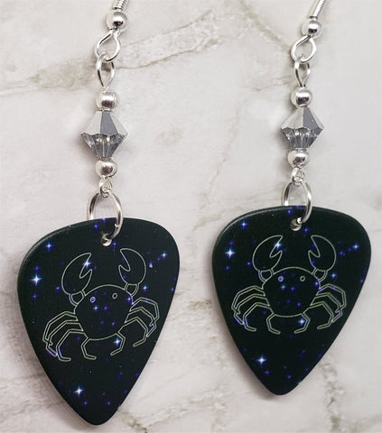 Horoscope Astrological Sign Cancer Guitar Pick Earrings with Metallic Silver Swarovski Crystals