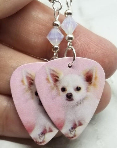 Chihuahua Guitar Pick Earrings with Opal Swarovski Crystals