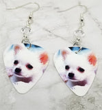 White Chihuahua Guitar Pick Earrings with Clear Swarovski Crystals