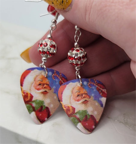 Santa Claus With A Candy Cane Guitar Pick Earrings with White with Red Striped Pave Beads