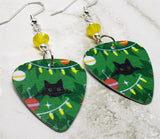 Christmas Bulbs and Black Cats Guitar Pick Earrings with Yellow Opal Swarovski Crystals