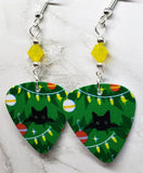 Christmas Bulbs and Black Cats Guitar Pick Earrings with Yellow Opal Swarovski Crystals