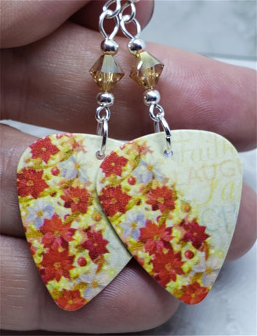 Poinsettia Covered Christmas Tree Guitar Pick Earrings with Metallic Sunshine Swarovski Crystals