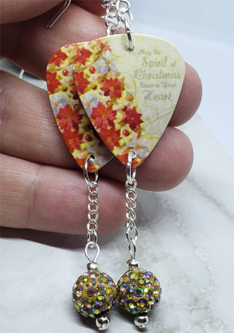 Poinsettia Covered Christmas Tree Guitar Pick Earrings with Golden AB Pave Bead Dangles