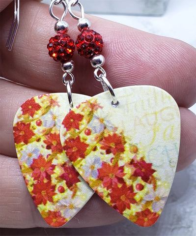Poinsettia Covered Christmas Tree Guitar Pick Earrings with Red Pave Beads