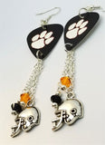 Clemson University Tigers Guitar Pick Earrings with Charm and Swarovski Crystal Dangles