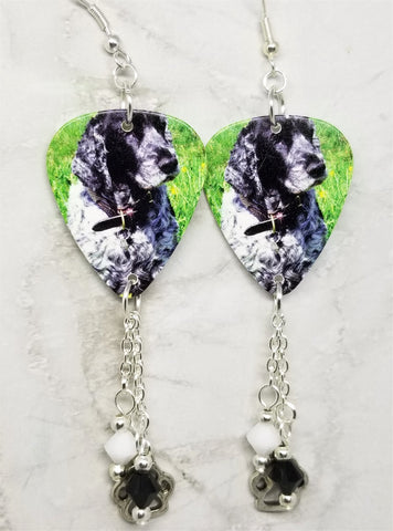 Cocker Spaniel Guitar Pick Earrings with Paw Print Charm and Swarovski Crystal Dangles