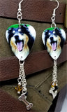 Rough Collie Dog Guitar Pick Earrings with Dog Bone Charm and Swarovski Crystal Dangles