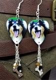 Rough Collie Dog Guitar Pick Earrings with Dog Bone Charm and Swarovski Crystal Dangles