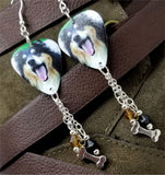 Rough Collie Dog Guitar Pick Earrings with Dog Bone Charm and Swarovski Crystal Dangles