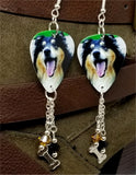 Rough Collie Dog Guitar Pick Earrings with Dog Bone Charm and Swarovski Crystal Dangles