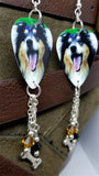 Rough Collie Dog Guitar Pick Earrings with Dog Bone Charm and Swarovski Crystal Dangles