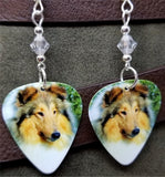Collie Dog Guitar Pick Earrings with Clear Swarovski Crystals