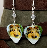 Collie Dog Guitar Pick Earrings with Clear Swarovski Crystals