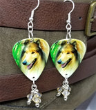 Collie Dog Guitar Pick Earrings with Silk Swarovski Crystal Dangles