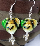 Collie Dog Guitar Pick Earrings with Silk Swarovski Crystal Dangles