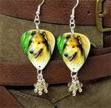 Collie Dog Guitar Pick Earrings with Silk Swarovski Crystal Dangles