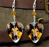 Collie Dog Guitar Pick Earrings with Topaz Swarovski Crystals