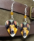 Collie Dog Guitar Pick Earrings with Topaz Swarovski Crystals