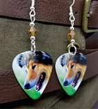 Collie Dog Guitar Pick Earrings with Topaz Swarovski Crystals