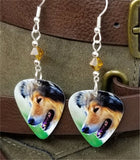 Collie Dog Guitar Pick Earrings with Topaz Swarovski Crystals