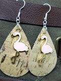 Cork with Gold Flecks Tear Drop Shaped Cork Earrings with Pink Flamingo Charms