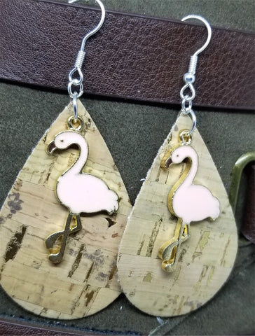 Cork with Gold Flecks Tear Drop Shaped Cork Earrings with Pink Flamingo Charms