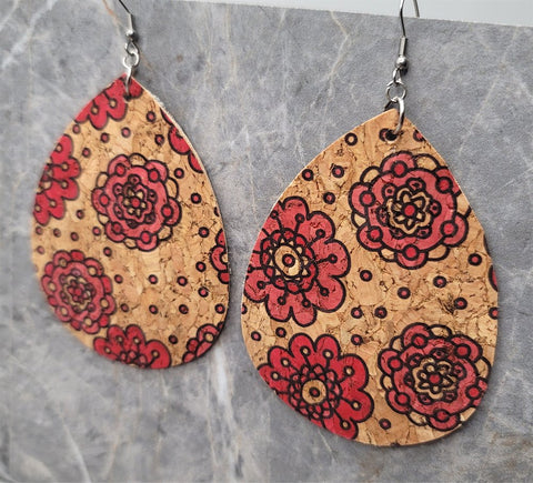 Large Red Flowers Water Drop Shaped Cork Earrings