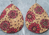 Large Red Flowers Water Drop Shaped Cork Earrings