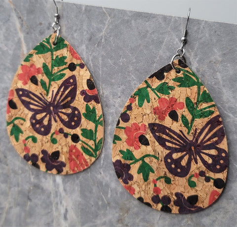 Butterflies and Flowers Large Water Drop Shaped Cork Earrings