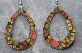 Geometric Flowers Cork Earrings Tear Drop Shaped with Cut Out Center