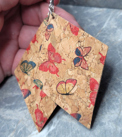Butterfly Patterned Large Diamond Shaped Cork Earrings