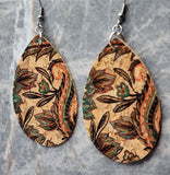 Flowers and Leaves Tear Drop Shaped Cork Earrings