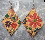 Colorful Flowers on Diamond Shaped Cork Earrings